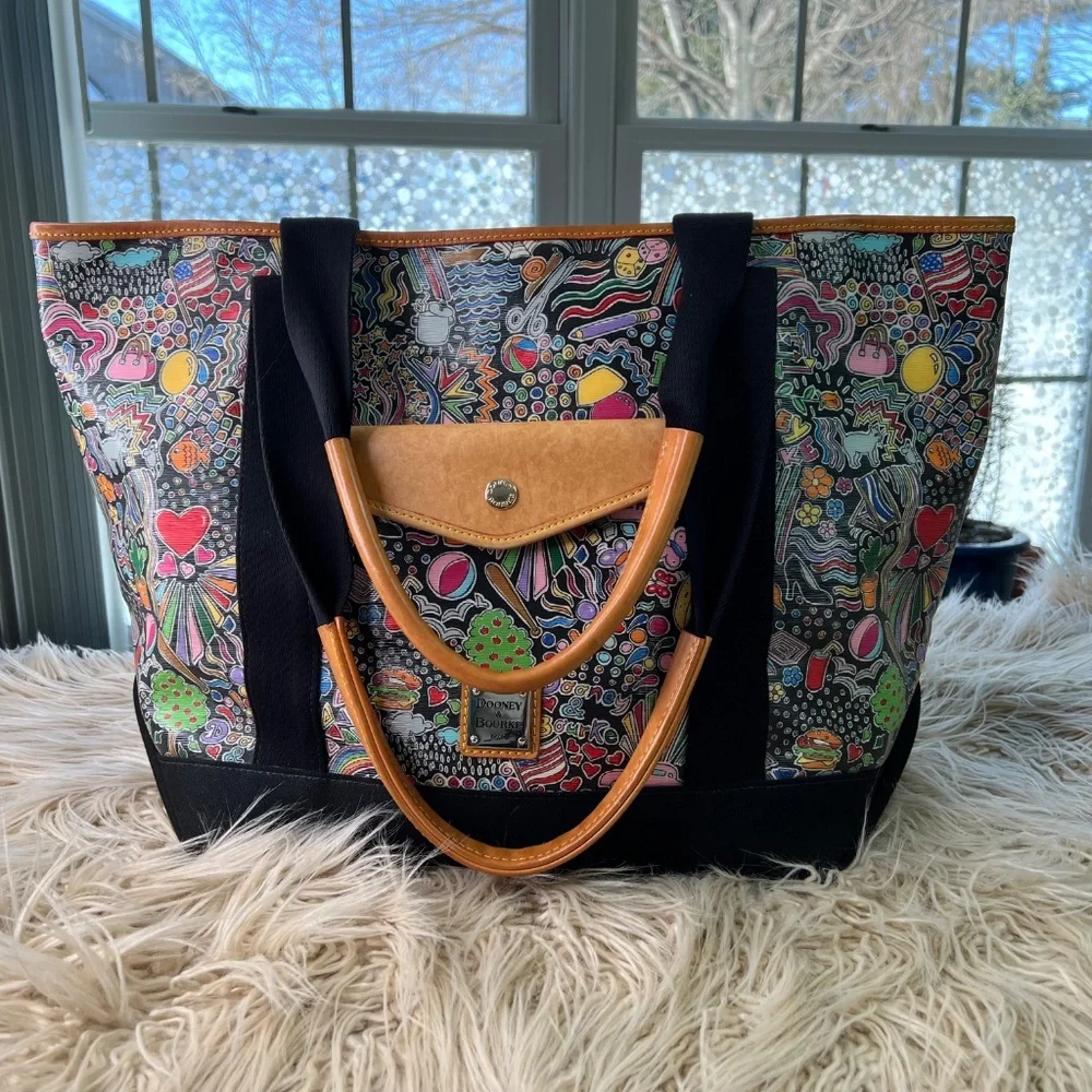 Vintage Dooney & Bourke shopper tote retired Whimsey Print Black key leash Rare - Picture 4 of 15